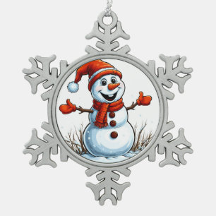 Fröhlicher Schneemann mit Winterhut Schneeflocken Zinn-Ornament