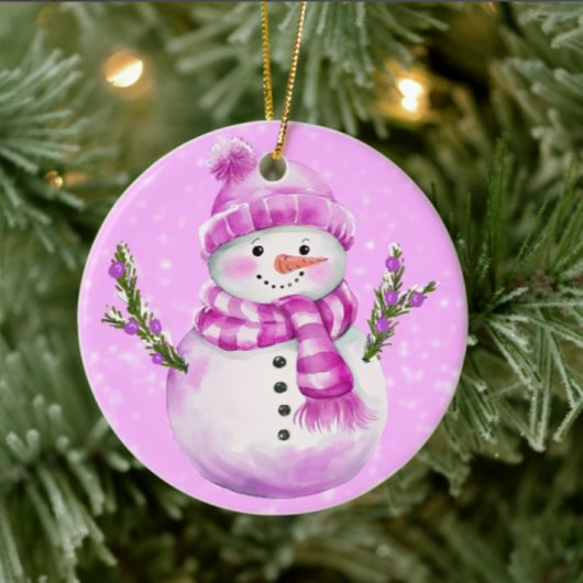 Fröhlicher Schneemann Rosa Personalisiert Keramik Ornament