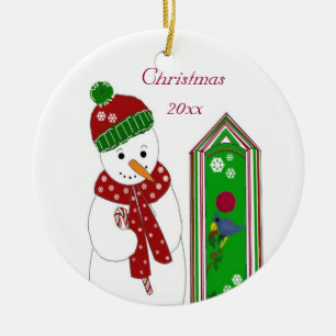 Fröhlicher Schneemann und Vogelhaus Keramik Ornament