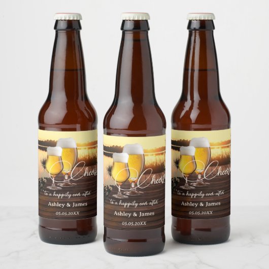 Fröhlicher Sonnenuntergang nach Hochzeit Bierflaschenetikett (Flaschen)