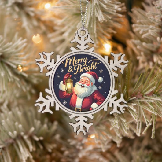 Fröhlicher strahlender Santa mit Laterne Illustrat Schneeflocken Zinn-Ornament (Baum)