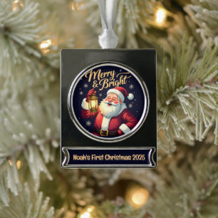 Fröhlicher, strahlender Santa mit Laternen-Illustr Banner-Ornament Silber