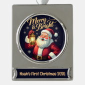 Fröhlicher, strahlender Santa mit Laternen-Illustr Banner-Ornament Silber (Vorderseite)