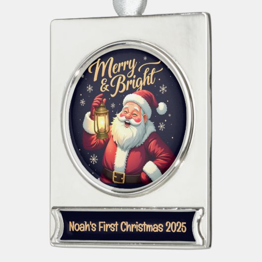 Fröhlicher, strahlender Santa mit Laternen-Illustr Banner-Ornament Silber (Links)