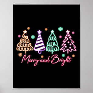 Fröhlicher und heller Baum Neon-Weihnachten Poster