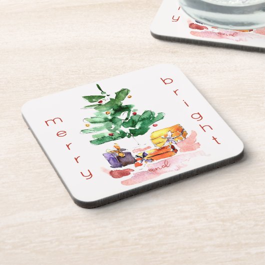 Fröhlicher und heller moderner Weihnachtsbaum Getränkeuntersetzer (Linke Seite)