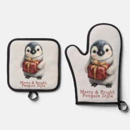 Fröhlicher und heller Pinguin-Weihnachten Ofenhandschuh & Topflappen-Set