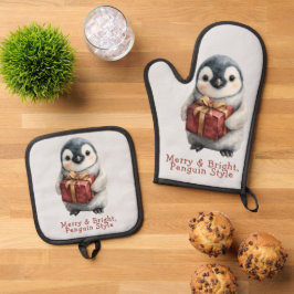 Fröhlicher und heller Pinguin-Weihnachten Ofenhandschuh & Topflappen-Set