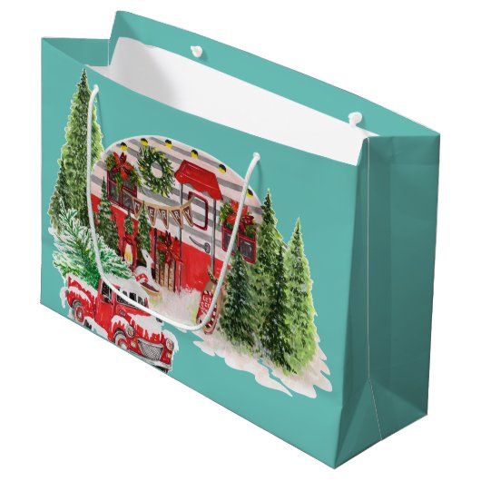 Fröhlicher und heller Retro-roter LKW Xmas blauer  Große Geschenktüte (Vorderseite Schrägansicht)