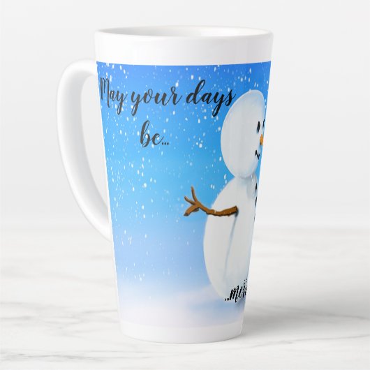 Fröhlicher und heller Schneemann mit blauem Himmel Milchtasse (Linke Ecke)