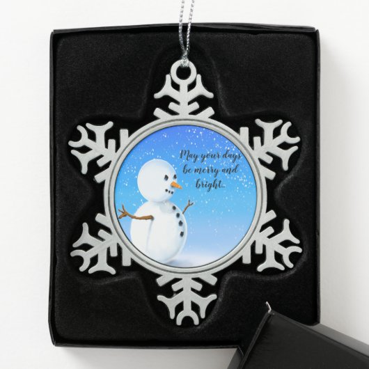 Fröhlicher und heller Schneemann mit knusprigem bl Schneeflocken Zinn-Ornament (Box)
