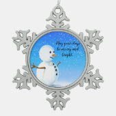 Fröhlicher und heller Schneemann mit knusprigem bl Schneeflocken Zinn-Ornament (Vorderseite)