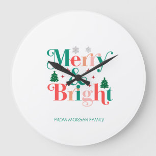 Fröhlicher und heller Tannenbaum-Schneeflocken Große Wanduhr