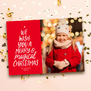 Fröhlicher und magischer Weihnachtsbaum rote Foto Feiertagskarte