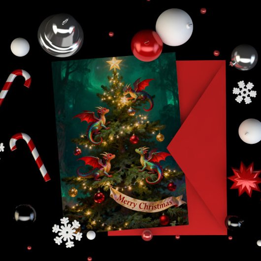 Fröhlicher Unfug – Weihnachtsdrachen im Baum Karte