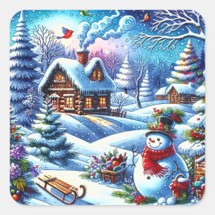 Fröhlicher Vintage-Schneemann Quadratischer Aufkleber