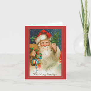 Fröhlicher Vintage-Weihnachtsmann mit Spielzeug We Karte