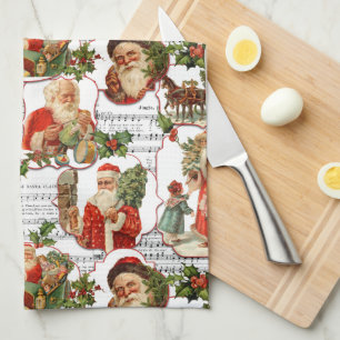 Fröhlicher Vintage-Weihnachtsmann, Stechpalme und Geschirrtuch