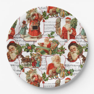 Fröhlicher Vintage-Weihnachtsmann, Stechpalme und Pappteller