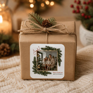 Fröhlicher Weihnachten Personalisierter Familienfo Quadratischer Aufkleber