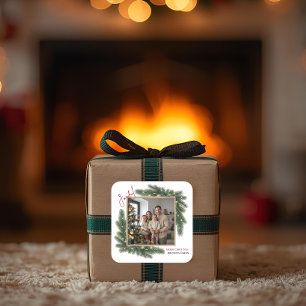 Fröhlicher Weihnachten Personalisierter Familienfo Quadratischer Aufkleber