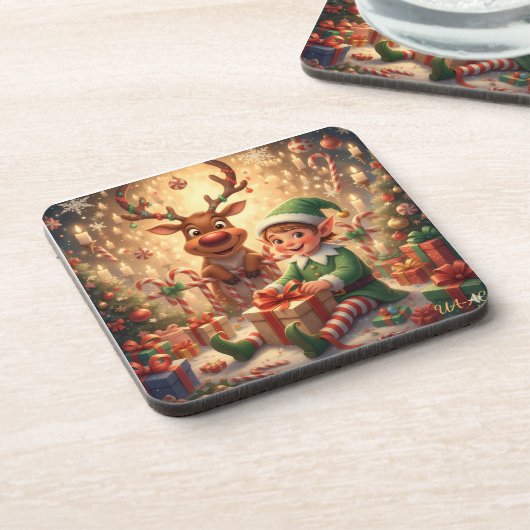 Fröhlicher Weihnachts-Elf & Rentier Getränkeuntersetzer (Linke Seite)