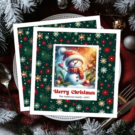 Fröhlicher Weihnachts-Schneemann mit Schneeflocken Serviette