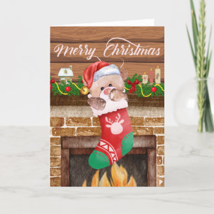 Fröhlicher Weihnachtsbär-Socken-Kamin  Feiertagskarte