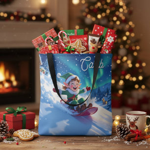Fröhlicher Weihnachtself beim Schlittenfahren Tasche