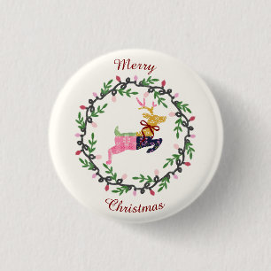 Fröhlicher Weihnachtshirsch mit Kranz anpassen Button