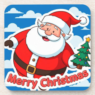 Fröhlicher Weihnachtsmann hält einen kleinen Weihn Getränkeuntersetzer