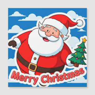 Fröhlicher Weihnachtsmann hält einen kleinen Weihn Magnetkarte