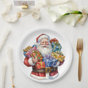 Fröhlicher Weihnachtsmann im traditionellen roten  Pappteller