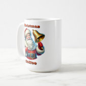 Fröhlicher Weihnachtsmann klingelt an einer Weihna Kaffeetasse (Vorderseite Links)