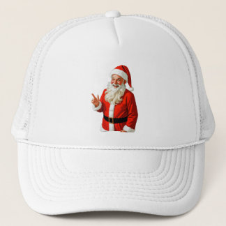 Fröhlicher Weihnachtsmann macht Friedenszeichen – Truckerkappe
