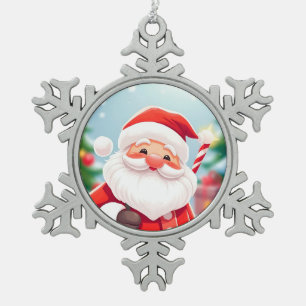 Fröhlicher Weihnachtsmann mit einem Zuckerstock Schneeflocken Zinn-Ornament