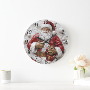 Fröhlicher Weihnachtsmann mit Geschenken feiert! Große Wanduhr