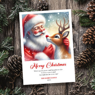 Fröhlicher Weihnachtsmann mit Rudolph lustige Weih Feiertagskarte