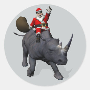 Fröhlicher Weihnachtsmann reitet auf einem Nashorn Runder Aufkleber