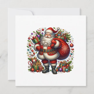 Fröhlicher Weihnachtsmann umgeben von Geschenken Feiertagskarte