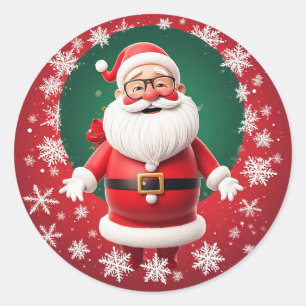 Fröhlicher Weihnachtsmann umgeben von Schneeflocke Runder Aufkleber