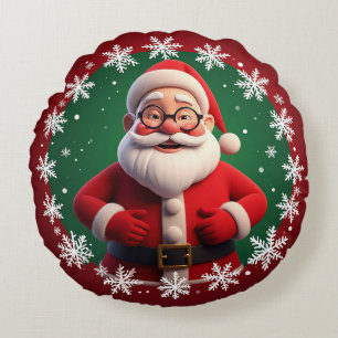 Fröhlicher Weihnachtsmann umgeben von Schneeflocke Rundes Kissen