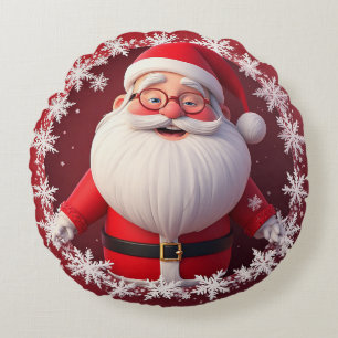 Fröhlicher Weihnachtsmann umgeben von Schneeflocke Rundes Kissen