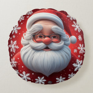 Fröhlicher Weihnachtsmann umgeben von Schneeflocke Rundes Kissen