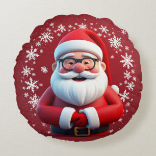 Fröhlicher Weihnachtsmann umgeben von Schneeflocke Rundes Kissen