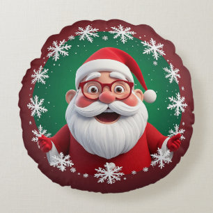 Fröhlicher Weihnachtsmann umgeben von Schneeflocke Rundes Kissen