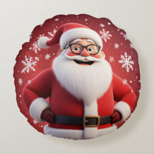 Fröhlicher Weihnachtsmann umgeben von Schneeflocke Rundes Kissen