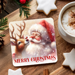 Fröhlicher Weihnachtsmann und Rudolph Süße Weihnac Rechteckiger Pappuntersetzer