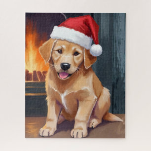 Fröhlicher Welpe Hund mit Santa-Hut Weihnachten Puzzle