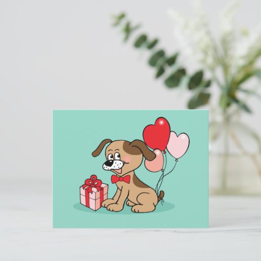 Fröhlicher Welpe mit einem Geschenk Postkarte (Stehend Vorderseite)